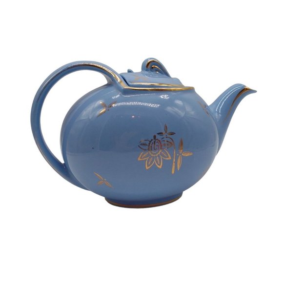 Tea Pot Hall Cadet Blue 1940s Hooked Lid Gold Trim 6 Cup - Picture 11 of 11